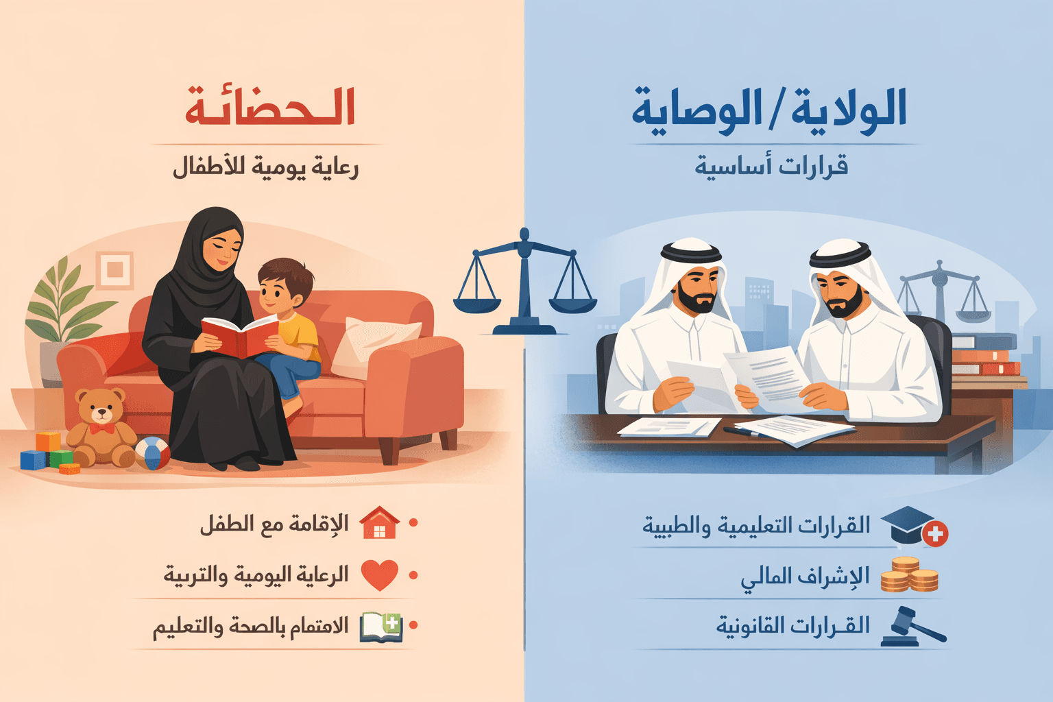 إنفوجرافيك عربي بسيط يوضح الفرق بين الحضانة والولاية/الوصاية في قطر (رعاية يومية مقابل قرارات أساسية)